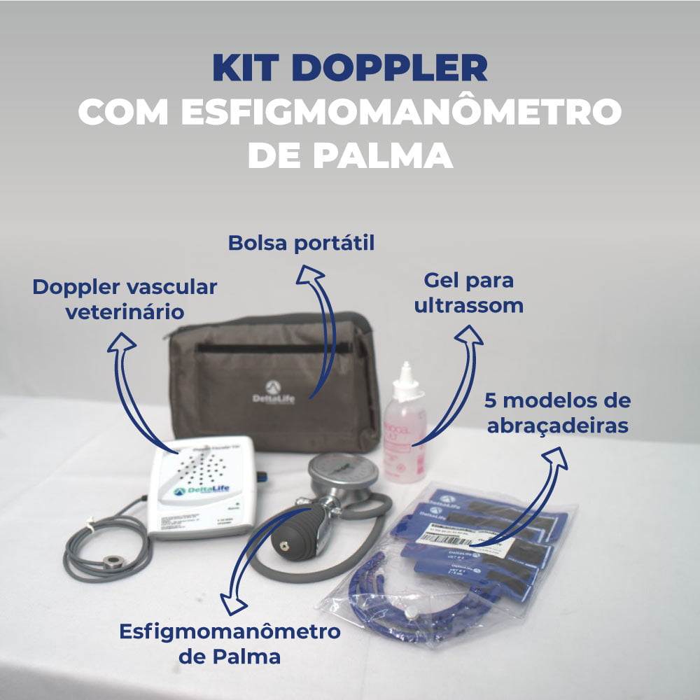 Kit Doppler com Esfigmomanômetro de Palma Kit Doppler com Esfigmomanômetro de Palma Esfigmomanômetro de Palma, Doppler vascular veterinário; Gel para ultrassom; Bolsa portátil; 5 modelos de abraçadeiras.