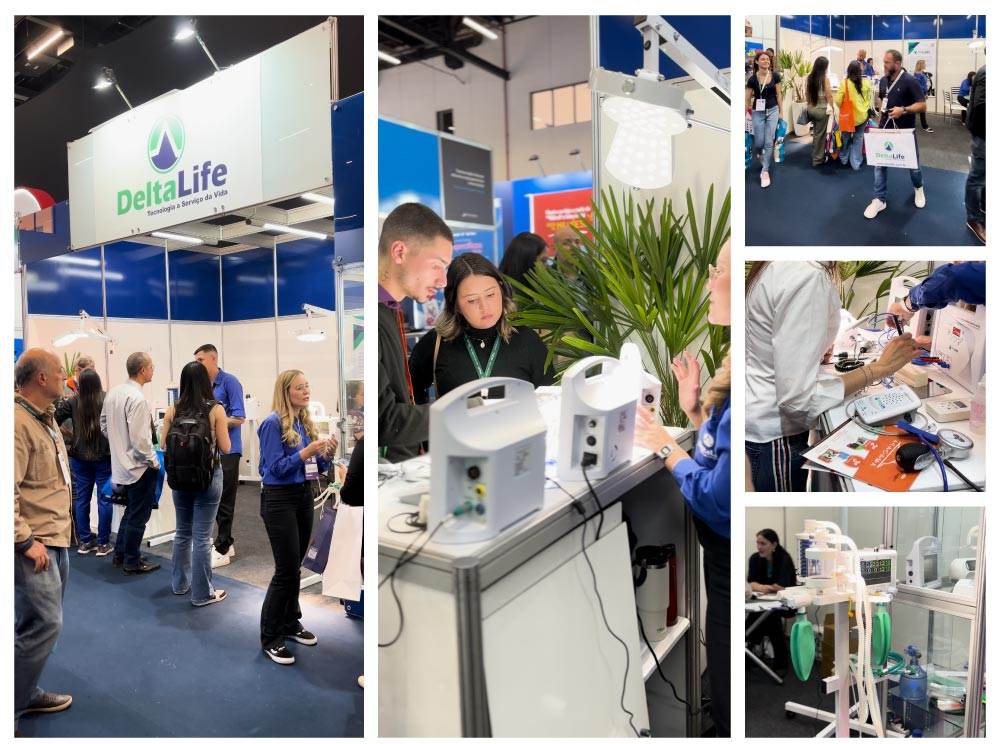 Colagem de fotos da Delta Life na feira PET SA.