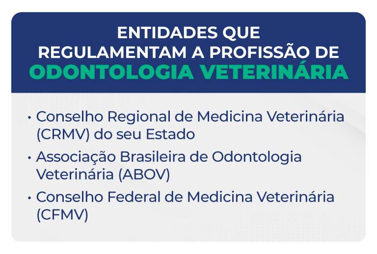 Entidades que regulamentam a profissão de Odontologia Veterinária Entidades que regulamentam a profissão de Odontologia Veterinária
Conselho Regional de Medicina Veterinária (CRMV) do seu Estado
Associação Brasileira de Odontologia Veterinária (ABOV)
Conselho Federal de Medicina Veterinária (CFMV)