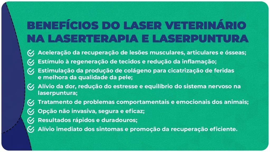 Card informativo com lista de benefícios do laser veterinário na laserterapia e laserpuntura.