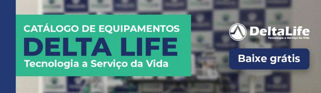Banner promocional do catálogo de equipamentos Delta Life com botão “Baixe grátis”.
